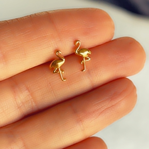 14k Gold Flamingo Tiny Stud Earrings - Picture 3 of 5